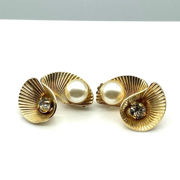 Vintage Gold Tone Flourish Earrings, Fancy Swirl with Faux Pearl Center - Picture 2 of 5
